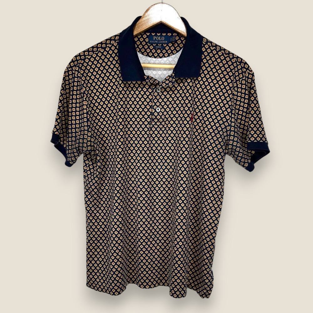 Polo Ralph Lauren Polo Shirt Men Large Slim Fit Navy Pima Cotton Diamond Pattern